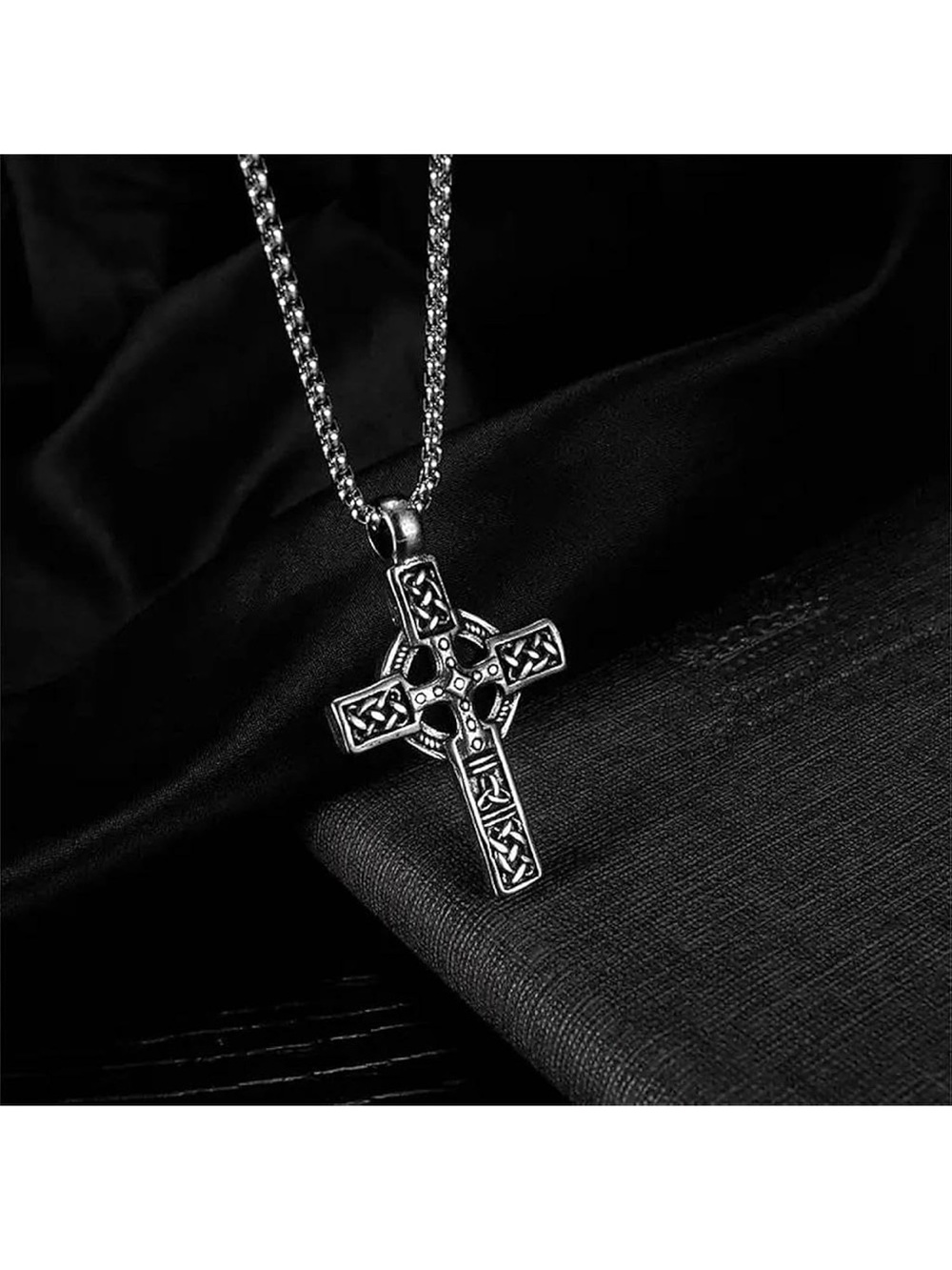 Men's Celtic Trinity Knot Cross Pendant Necklace - Silver Tone C58 - Picture 6 of 8